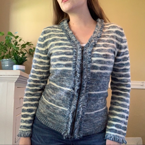 Wool blend striped blue and white zip cardigan - Picture 2 of 4